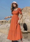 Wholesale Women's Square Neck Lace Trim Slim Waist Ruffle Hem Maxi Dress - Liuhuamall