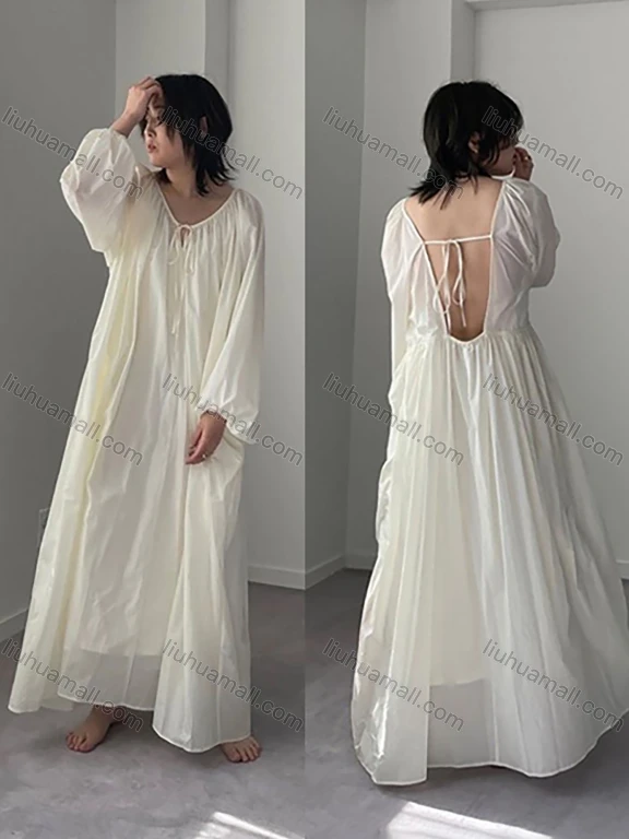 Wholesale Women's Vacation Plain V Neck Ruched Tie Front Backless Long Sleeve Lace Up Back Maxi Dress