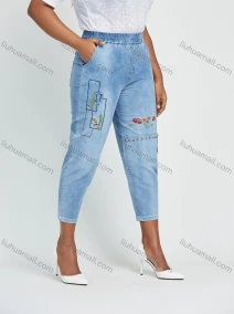 Wholesale Women's Casual Elastic Waist Embroidery Patchwork Washed Cropped Skinny Jean, LIUHUA CLOTHING WHOLESALE