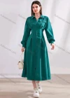 Wholesale Women's Casual Plain Collared Zip Long Sleeve Midi Dress - Liuhuamall