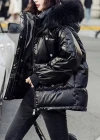 Wholesale Women's Faux Fur Hood Shiny Zipper Puffer Jacket - Liuhuamall