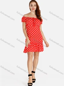 Wholesale Women's Casual Polka Dot Off Shoulder Ruffle Hem Short Dress, LIUHUA CLOTHING WHOLESALE