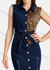 Wholesale Women's Casual Collared Lace Up Leopard Print Button Closure Denim Dress - Liuhuamall