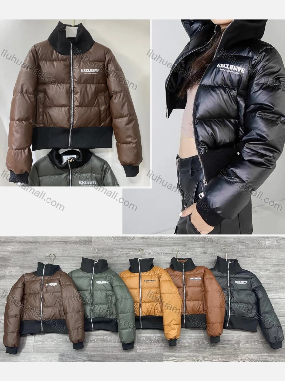 Wholesale Women's Casual Stand Collar Plain Letter Splicing Zipper Thermal Crop Puffer Coat 862#