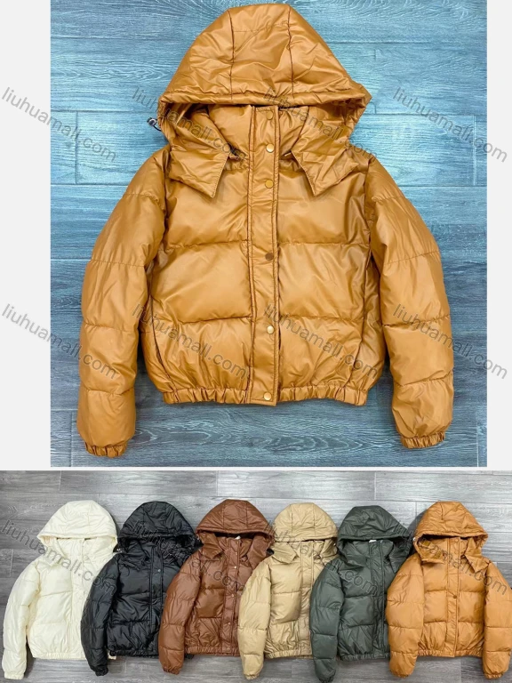 Wholesale Women's Casual Plain Button Down Hooded Thermal Crop Puffer Coat 8871#