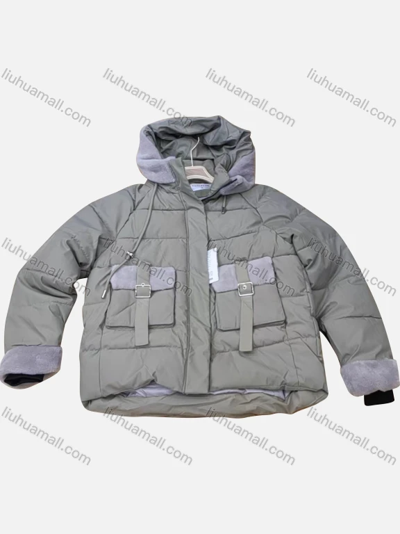 Wholesale Women's Casual Splicing Drawstring Flap Pockets Plain Hooded Thermal Puffer Coat