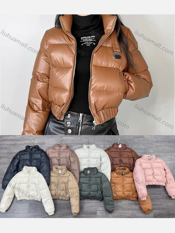 Wholesale Women's Casual Stand Collar Plain Zipper Thermal Crop Puffer Coat 865#