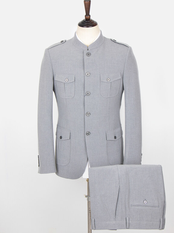 Men's Plain Button Down Multiple Pockets Chinese Tunic Suit & Pants 2-Piece Sets BA220307#, Clothing Wholesale Market -LIUHUA, MEN, Sets