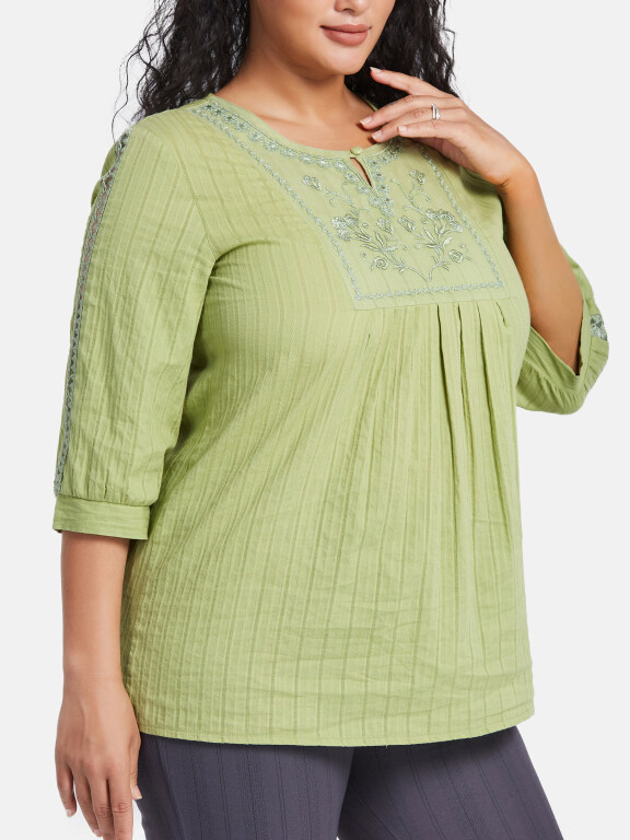 Women's Plus Size Casual 3/4 Sleeve Floral Embroidery Plain Blouse, Clothing Wholesale Market -LIUHUA, WOMEN, Blouses-Shirts