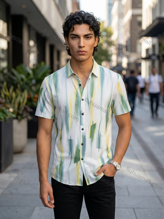 Wholesale 2026 Men's Wholesale In - Stock Slim - Fit Short - Sleeve Printed Shirt, Abstract Pattern Casual Button - Down Shirt