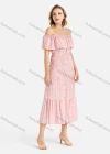 Wholesale Women's Off Shoulder Ditsy Floral Print Button Down Ruffle Hem Midi Dress With Belt - Liuhuamall