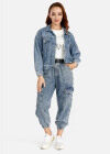 Wholesale Women's Casual Long Sleeve Button Front Letter Flap Pockets Denim Jacket & Wide Leg Jeans Set - Liuhuamall