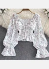 Wholesale Women's Causal Crop Off Shoulder Lantern Sleeve Drawstring Ditsy Floral Print Blouse - Liuhuamall