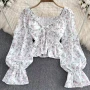 Wholesale Women's Causal Crop Off Shoulder Lantern Sleeve Drawstring Ditsy Floral Print Blouse preview