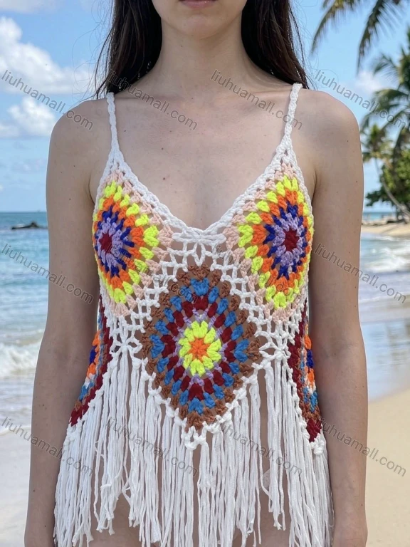 Wholesale Handmade Crochet Crop Top | Boho Square Tank with Tassels | Summer Beach Cover-Up
