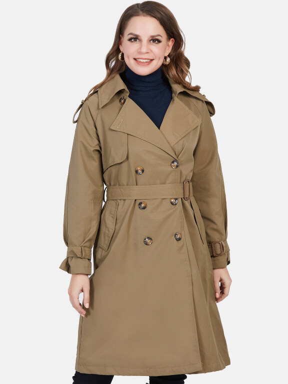 Women's Lapel Double Breasted Mid Length Trench Coat With Buckle Belt, LIUHUA Clothing Online Wholesale Market, All Categories
