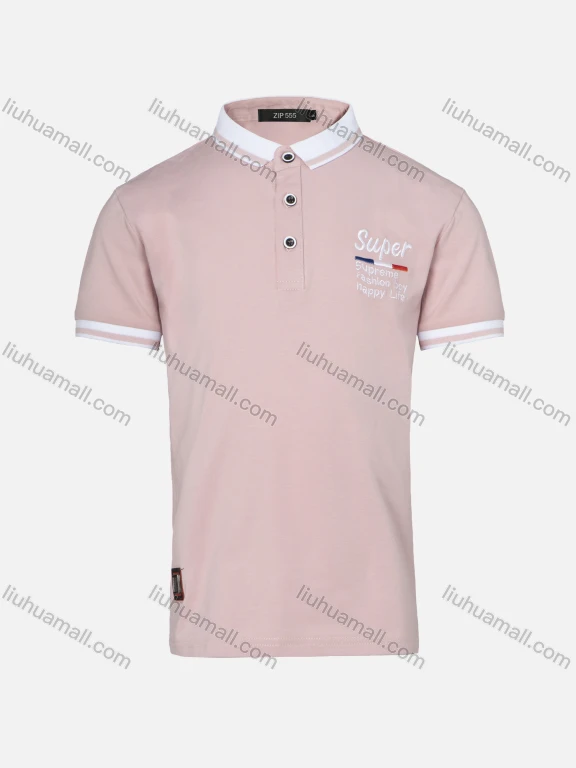 Wholesale Boys Casual Contrast Collar Striped Trim Slogan Print Plain Short Sleeve Polo Shirt