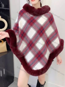 Wholesale Women's Faux Fur Lined Collar Plaid Print Loose Fit Poncho, LIUHUA CLOTHING WHOLESALE