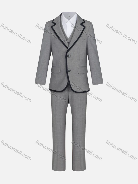 Wholesale Kid's Formal Plain Lapel Single Breasted Contrast Pockets Blazer & Vest & Pant 3 Pieces Suit Set 936-107#