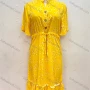 Wholesale Women's Stand Collar Buttons Front Drawstring Allover Print Ruffle Hem Midi Dress preview