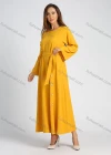Wholesale Women's Round Neck Button Decor Bell Sleeve Plain A-line Maxi Dress With Belt - Liuhuamall