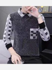Wholesale Men's Casual Checkerboard Print Turn-down Collar 3/4 Sleeve Sweater, LIUHUA CLOTHING WHOLESALE
