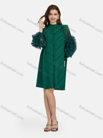 Wholesale Women's Fashion Shirred Mock Neck 3D Floral Long Sleeve Chiffon Dress, LIUHUA CLOTHING WHOLESALE