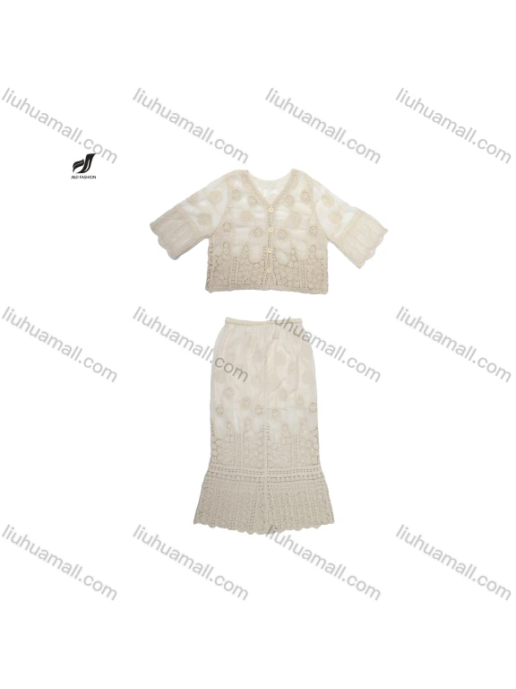 Wholesale Bohemian style French crochet hollow V-neck knitted cardigan + crochet hollow skirt spring and summer set