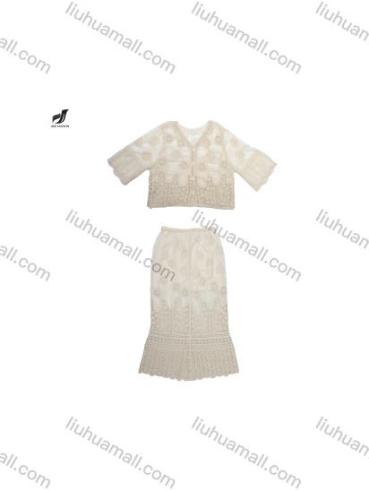 Wholesale Bohemian style French crochet hollow V-neck knitted cardigan + crochet hollow skirt spring and summer set