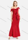 Wholesale Women's Elegant Plain Off Shoulder Zip Back Ruffle Trim Split Hem Bodycon Maxi Evening Dress - Liuhuamall