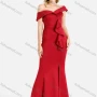 Wholesale Women's Elegant Plain Off Shoulder Zip Back Ruffle Trim Split Hem Bodycon Maxi Evening Dress preview
