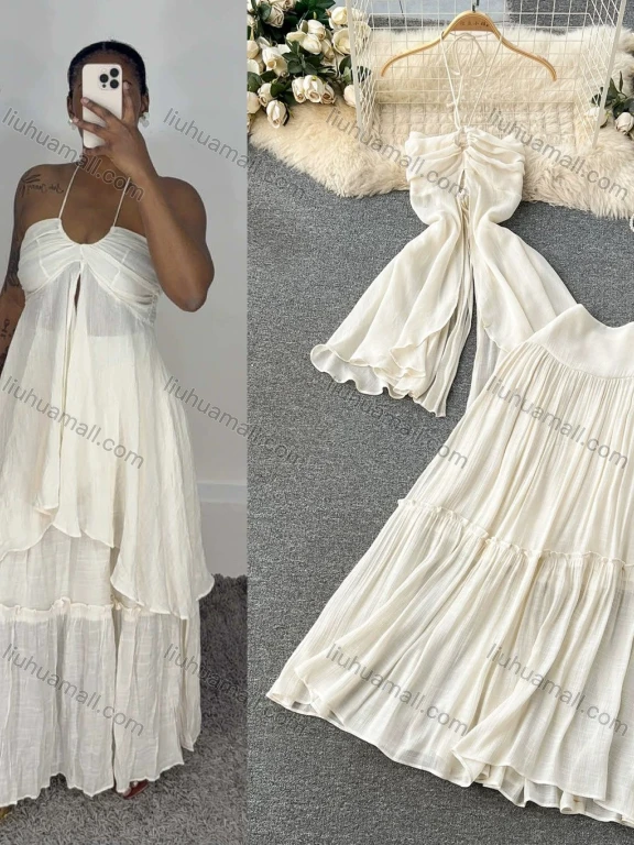 Wholesale Women's Vacation Halter Neck Ruched Bust Tiered Chiffon Maxi Dress Set #2615