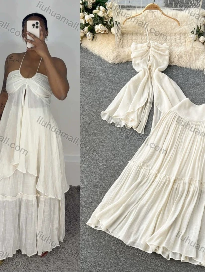 Wholesale Women's Vacation Halter Neck Ruched Bust Tiered Chiffon Maxi Dress Set #2615