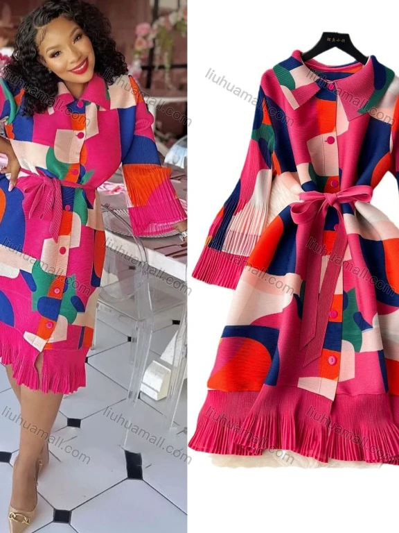 Wholesale Women's Casual Geometric Print Pleated Flare Sleeve Belted Collared Knit Midi Dress #618