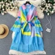 Wholesale Women's Casual Geometric Print Pleated Flare Sleeve Belted Collared Knit Midi Dress #618 Blue Clothing Wholesale Market Liuhua
