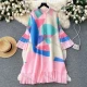 Wholesale Women's Casual Geometric Print Pleated Flare Sleeve Belted Collared Knit Midi Dress #618 Pink Clothing Wholesale Market Liuhua