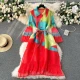 Wholesale Women's Casual Geometric Print Pleated Flare Sleeve Belted Collared Knit Midi Dress #618 Red Clothing Wholesale Market Liuhua