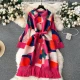 Wholesale Women's Casual Geometric Print Pleated Flare Sleeve Belted Collared Knit Midi Dress #618 Rose Red Clothing Wholesale Market Liuhua