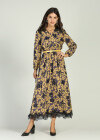 Wholesale Women's Chiffon Long Sleeve Floral Print V-Neck Lace Trim Wrap Maxi Dress With Belt - Liuhuamall