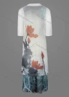 Wholesale Women's Slim Fit Plants Painting Crew Neck Half Sleeve Maxi Dress & Cardigan With Belt - Liuhuamall