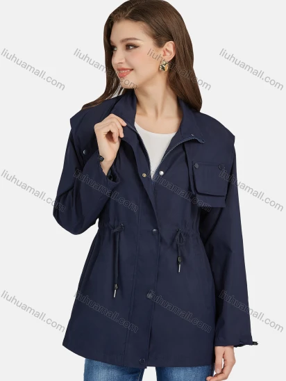 Wholesale Women's Casual Snap Buttons Stand Collar Drawstring Windbreaker Jacket M-E22#