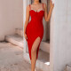 Women's Elegant Spaghetti Straps Plain Rhinestone Split Thign Midi Cami Evening Dress Red Clothing Wholesale Market -LIUHUA