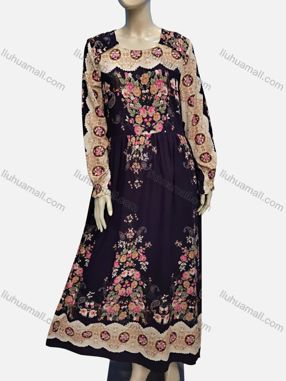 Wholesale Women's Casual Square Neck Folkloric Print Ruched Maxi Dress	