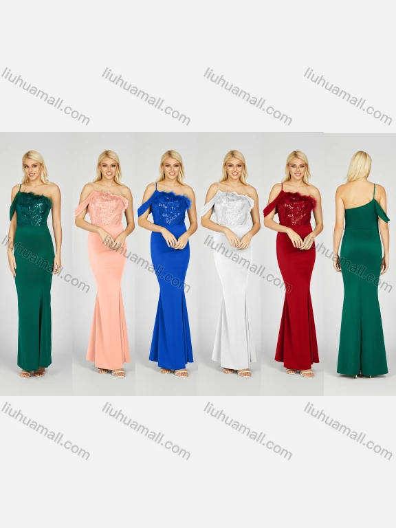 Wholesale Women's Elegant Plain Sequin Pleated Feather Trim Asymmetrical Neck Maxi Mermaid Evening Dress