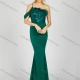Wholesale Women's Elegant Plain Sequin Pleated Feather Trim Asymmetrical Neck Maxi Mermaid Evening Dress Green Clothing Wholesale Market Liuhua