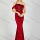 Wholesale Women's Elegant Plain Sequin Pleated Feather Trim Asymmetrical Neck Maxi Mermaid Evening Dress Red Clothing Wholesale Market Liuhua