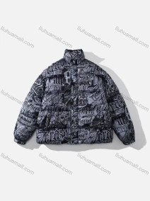 Wholesale Men's Fashion Long Sleeve Stand Collar Graffiti Letter Print Puffer Coat 923#, LIUHUA CLOTHING WHOLESALE