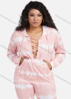 Wholesale Women's Casual Tie Dye V Neck Lace Up Kangaroo Pocket Hoodie & Drawstring Pocket Pants 2 Piece Set - Liuhuamall