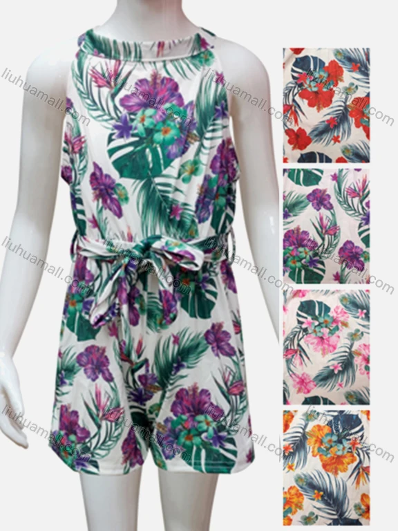 Wholesale Girls Causal Floral Print Round Neck Sleeveless Romper With Belt