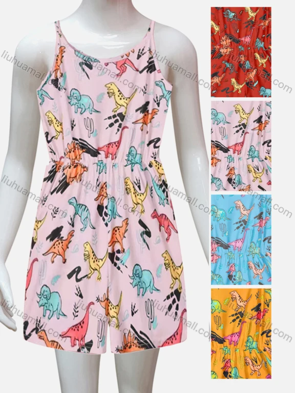 Wholesale Girls Causal Cartoon Print Round Neck Sleeveless Romper With Belt